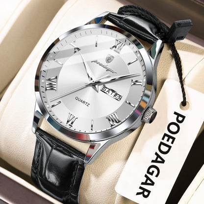 POEDAGAR Business Brand Men Clock Waterproof Luminous Date Week Fashion Man Wristwatch Leather Luxury Men's Quartz Watches Reloj
