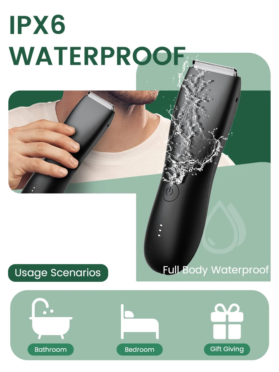 Men's Electric Groin & Body Shaver - Waterproof Dual Head Trimmer Kit w/ LED Light & Foil Blades