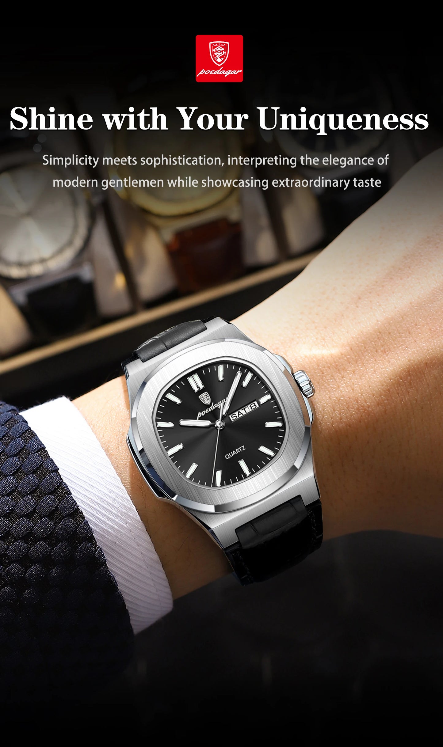 POEDAGAR Square Wristwatch For Men Luminous Waterproof Week Calendar Luxury Man Clock Leather Quartz Fashion Men's Watches Reloj