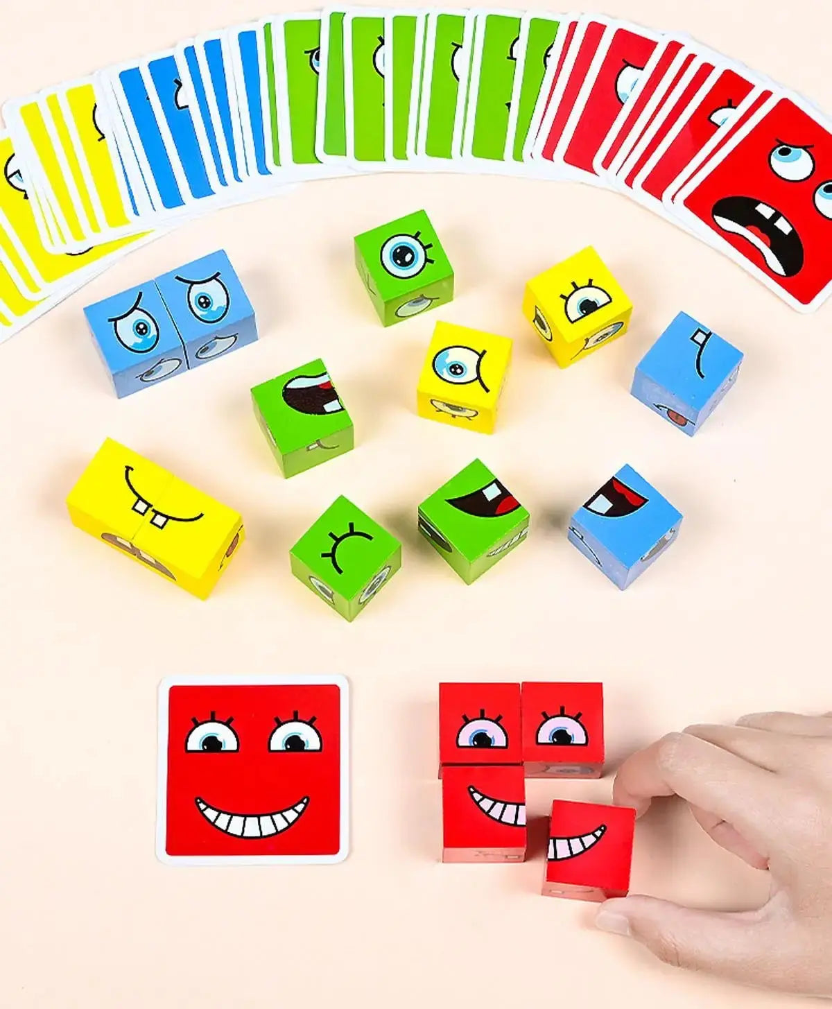 Children's Wooden Four Person Battle Face Changing Facial Expressions Magic Cube Building Blocks Wooden Interactive Games