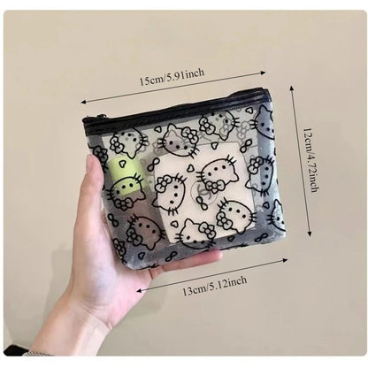 Transparent Mesh Hello Kitty Coin Purse Cartoon Style Fashionable, Simple Portable Makeup Bag Headphone Storage Bag Holiday Gift