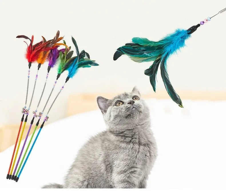 Cat Toy Feather Cats Sticks Teaser Cat Toys Interactive Spring Handle Kitten Toys with Bell Training Cats Stick Toy Pet Supplies