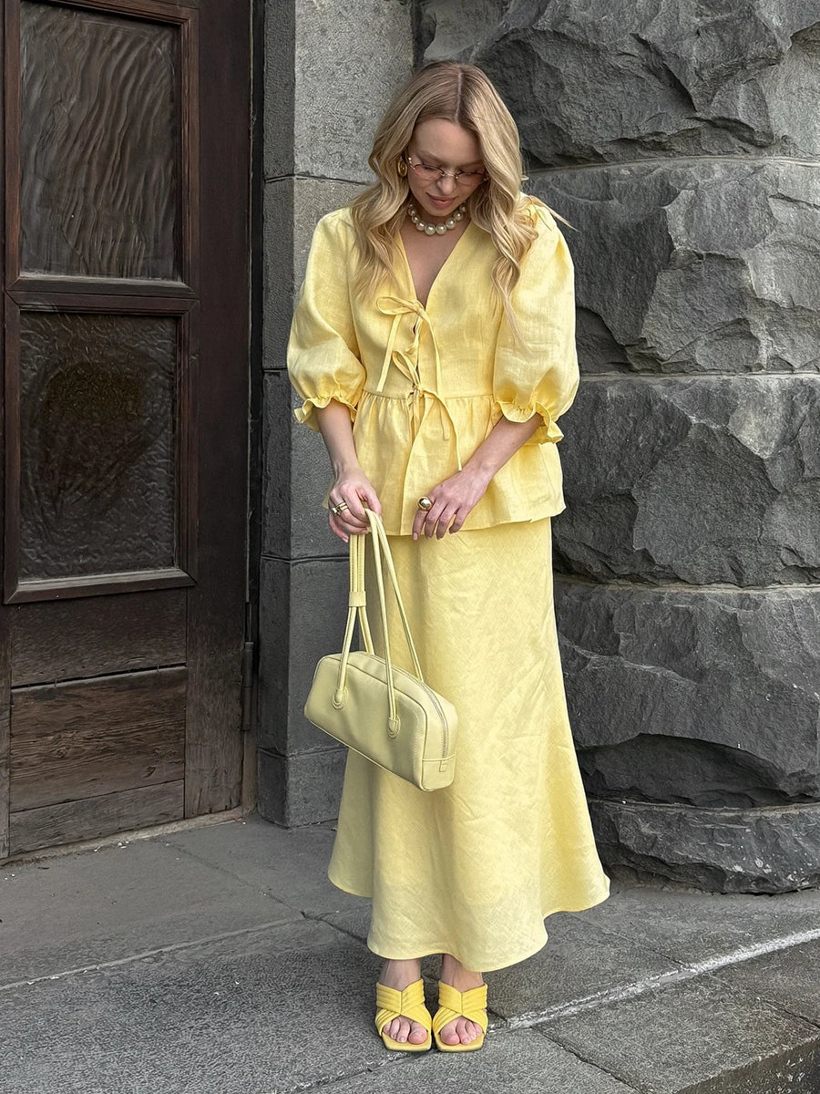 Bornladies 2025 Summer Women's 100% Cotton V-Neck Lace-Up Bubble Sleeve Shirt  Long Skirt Set Loose Casual Two-Piece Suit