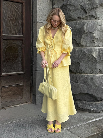 Bornladies 2025 Summer Women's 100% Cotton V-Neck Lace-Up Bubble Sleeve Shirt  Long Skirt Set Loose Casual Two-Piece Suit
