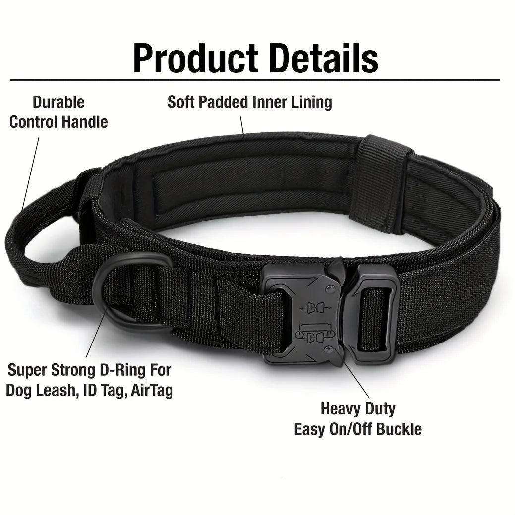 Tactical Dog Collar, Adjustable Military Training Nylon Dog Collar with Control Handle and Heavy Metal Buckle for Medium and Lar