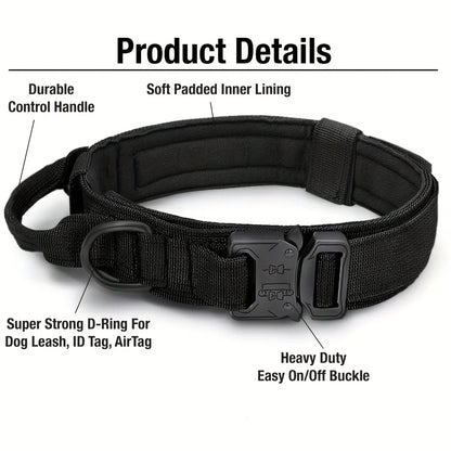 Tactical Dog Collar, Adjustable Military Training Nylon Dog Collar with Control Handle and Heavy Metal Buckle for Medium and Lar