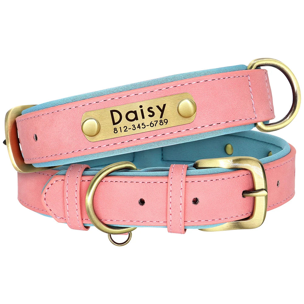 Personalized Leather Padded Dog Collar Customized ID Nameplate Pet Collars For Small Medium Dogs Durable Necklaces Accessories