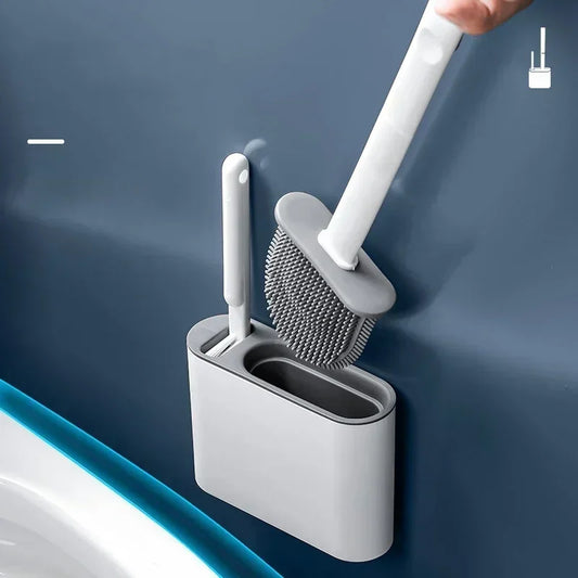 Silicone Toilet Brush Set Flat Head Flexible Wall Mounted Bowl Cleaner with Brush Holder for Bathroom WC