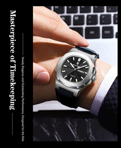 POEDAGAR Square Wristwatch For Men Luminous Waterproof Week Calendar Luxury Man Clock Leather Quartz Fashion Men's Watches Reloj