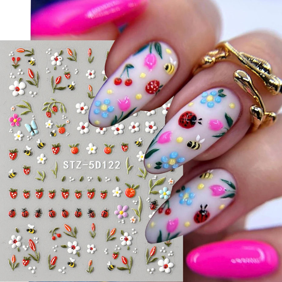 5D Embossed Kawaii Ladybug Sliders Spring White Daisy Flowers Nail Stickers DIY Simple Petals Wedding Nails Decals Accesories