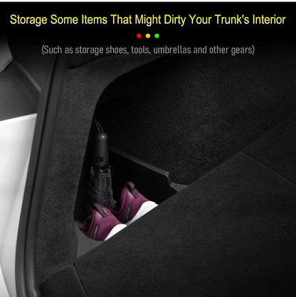 For Tesla Model Y Juniper 2025 Rear Trunk Side Storage Box Cargo Organizer TPE Bin Box Flocking Mat Partition Board Accessories