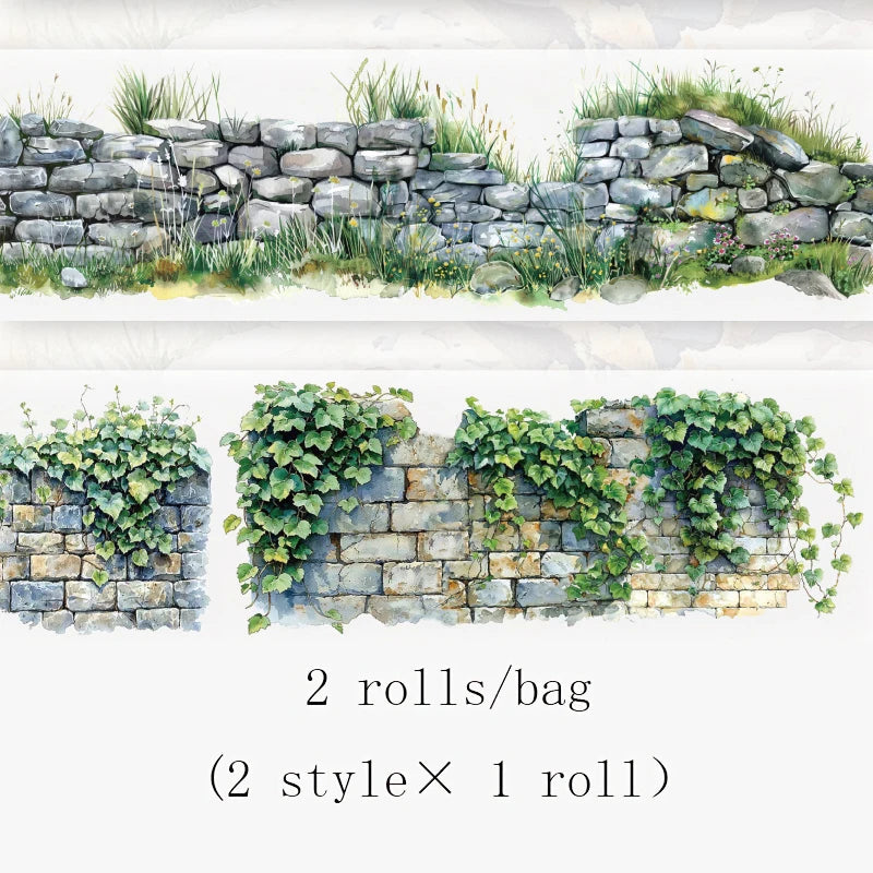 2 Roll PET Tape Green Field Flower Wall Series Sealing Stickers Album Diary Decoration Phone Case Sticker Notebook Accessories