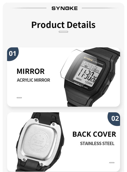 SYNOKE Digital Watch Student Electronic Outdoor Sports Boy Luminous Waterproof MultiFunction Watch Retro Square Watch