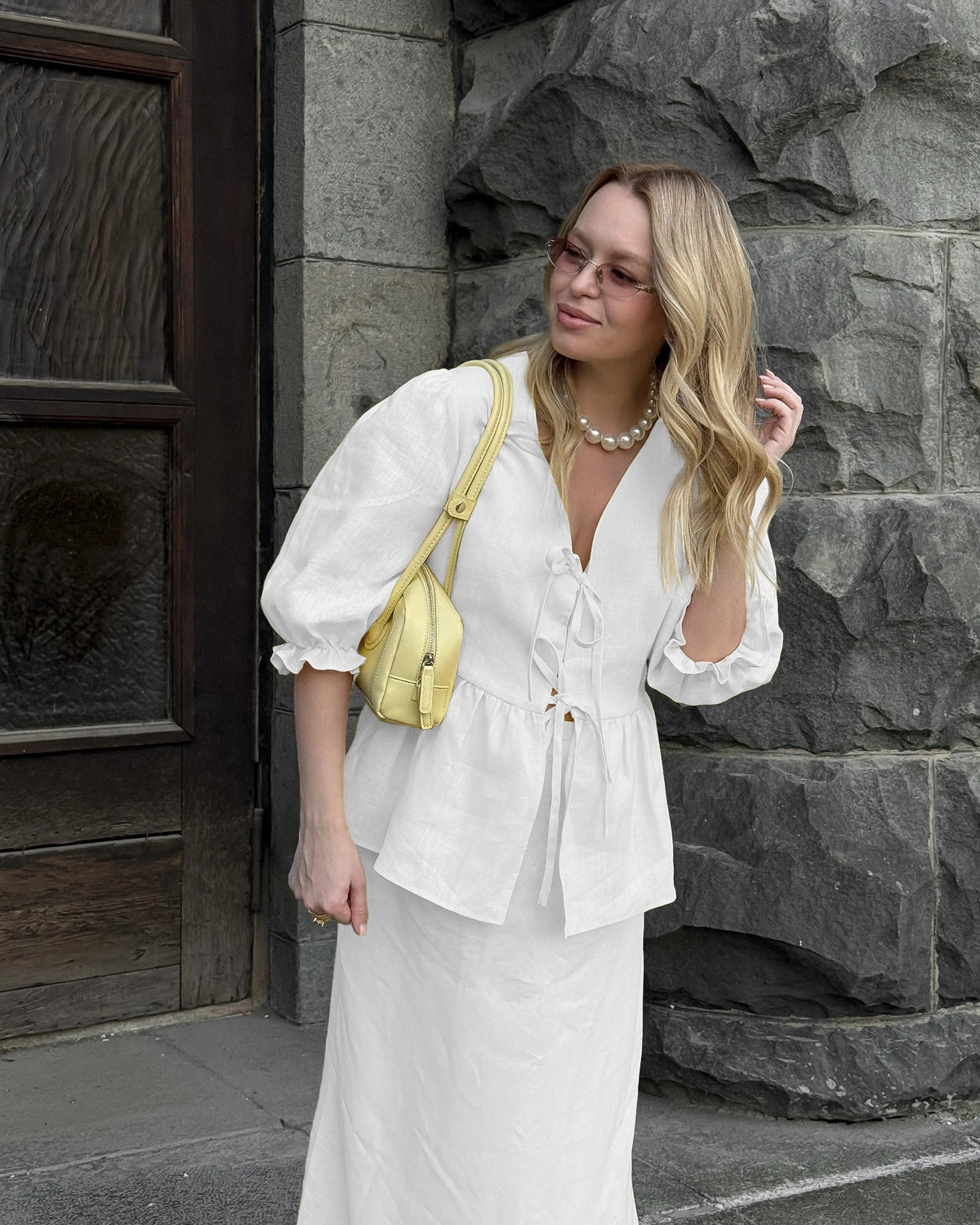 Bornladies 2025 Summer Women's 100% Cotton V-Neck Lace-Up Bubble Sleeve Shirt  Long Skirt Set Loose Casual Two-Piece Suit