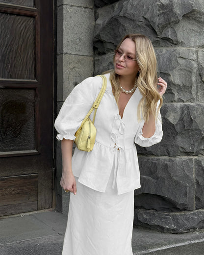 Bornladies 2025 Summer Women's 100% Cotton V-Neck Lace-Up Bubble Sleeve Shirt  Long Skirt Set Loose Casual Two-Piece Suit