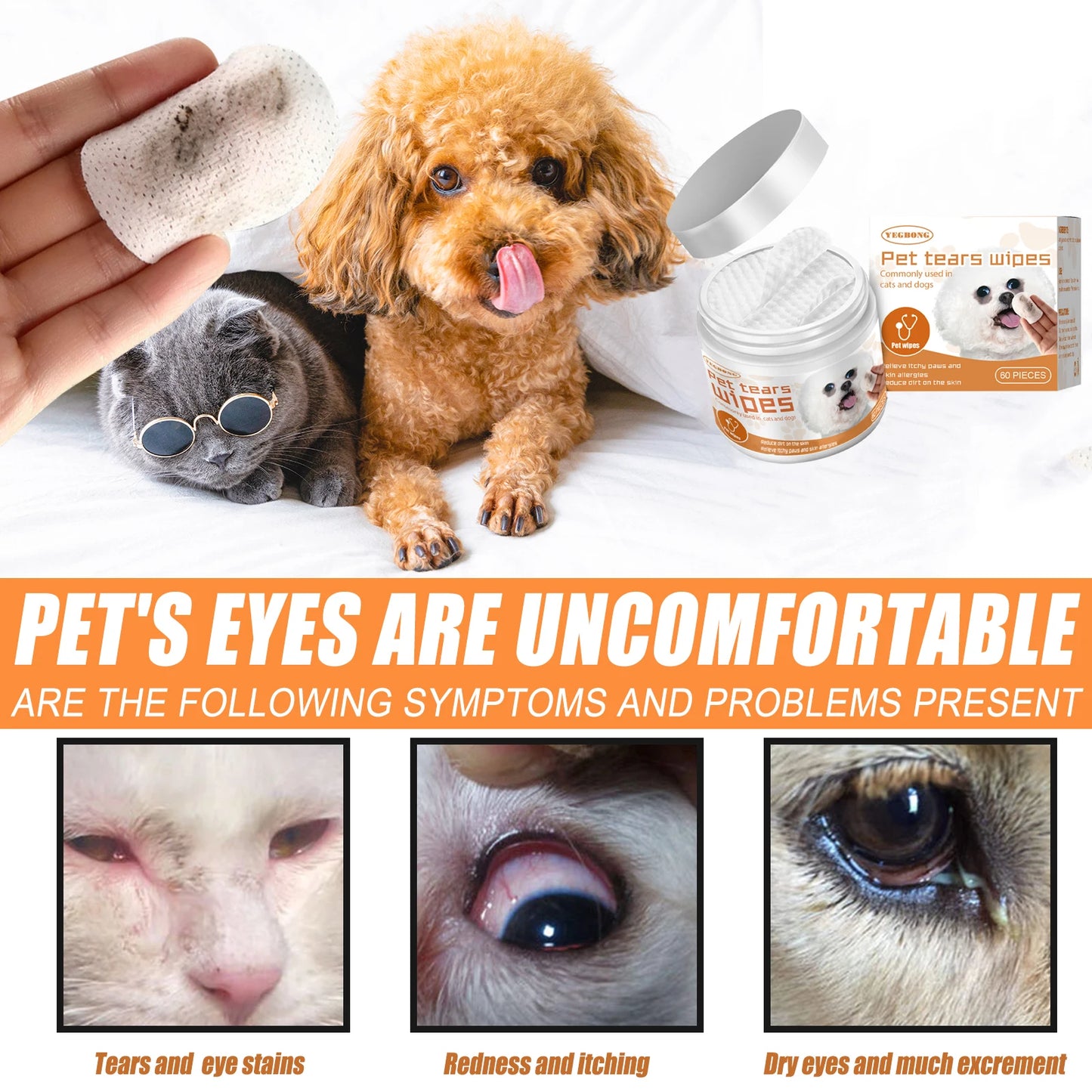 YEGBONG Pet Eye Wipe for Cats Dogs Remove Tear Marks Stain Cleaning Relieve Discomfort Deodorizing Eye Grooming Pets Wet Tissues