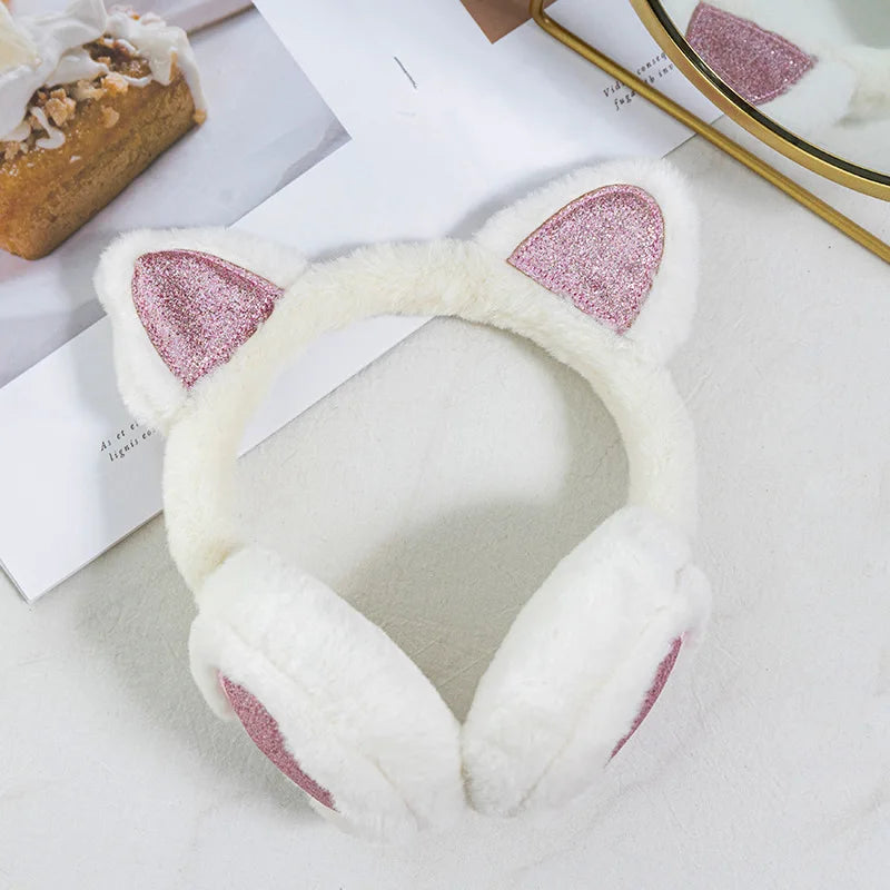 Plush Winter Warm Ear Earmuffs Glitter Cat Ear Warmers Heart Fur Hang Ear Cover for Women Girl Earflap Cold Protection Ear Muffs