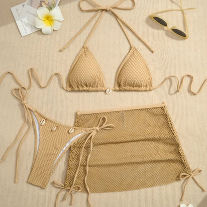 New Sexy Net Bikinis Female Swimsuits Women Three-Piece Swimwear Beach Swim Wear Bathing Suits Brazilian Bikini Set Pool Bather