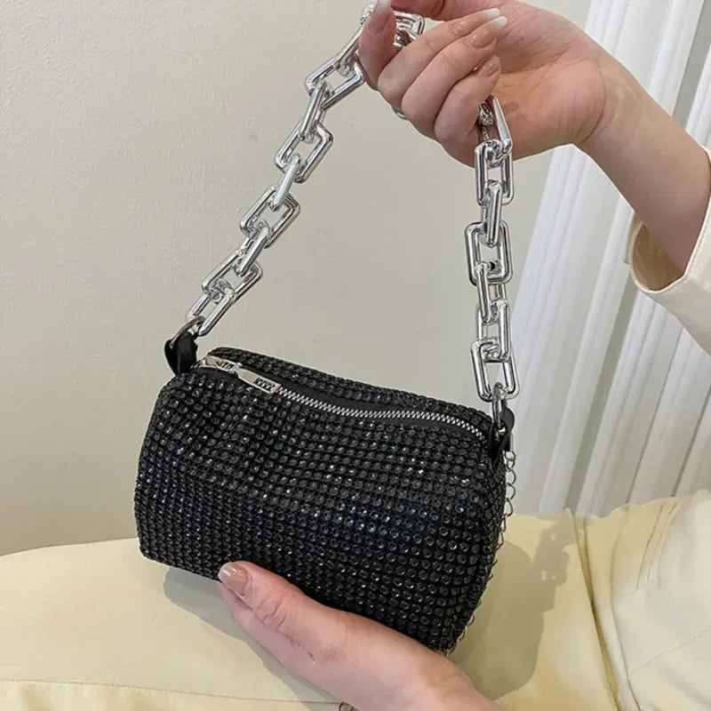 Allover Rhinestone Bucket Bag, Glitter Chain Prom Purse, Women's Mini Crossbody Bag
