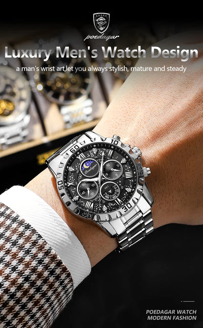 POEDAGAR Luxury Man Watch Waterproof Luminous Stainless Steel Quartz Men's Wristwatch Chronograph Military Watches For Men Reloj