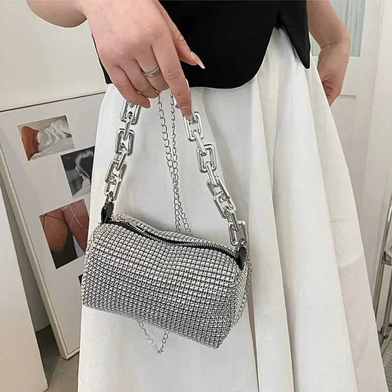Allover Rhinestone Bucket Bag, Glitter Chain Prom Purse, Women's Mini Crossbody Bag