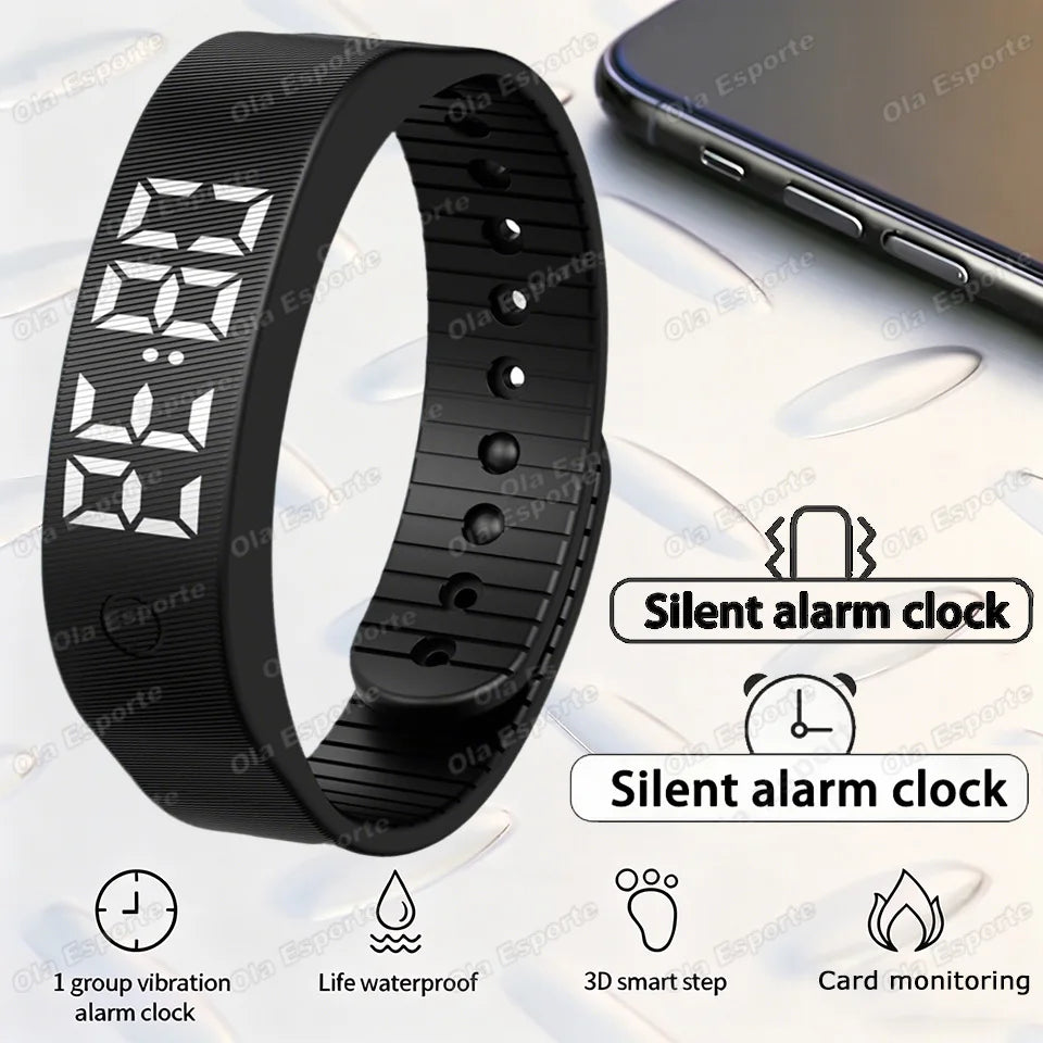 LED Digital Alarm Clock Watch Adjustable Snooze-proof Alarm Bracelet with Running Pedometer Waterproof Vibrating Alarm HT30
