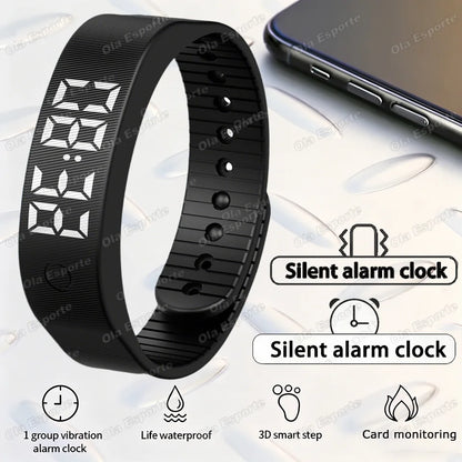 LED Digital Alarm Clock Watch Adjustable Snooze-proof Alarm Bracelet with Running Pedometer Waterproof Vibrating Alarm HT30