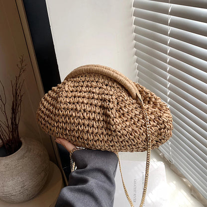 Women Straw Woven Bag Chain Strap Straw Clutch Purse Large Capacity Stylish Crossbody Bag Solid Color for Summer Beach