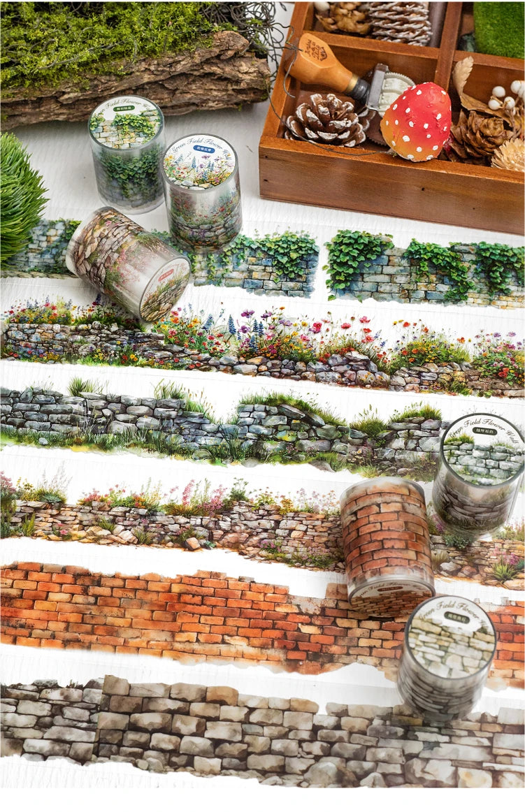 2 Roll PET Tape Green Field Flower Wall Series Sealing Stickers Album Diary Decoration Phone Case Sticker Notebook Accessories