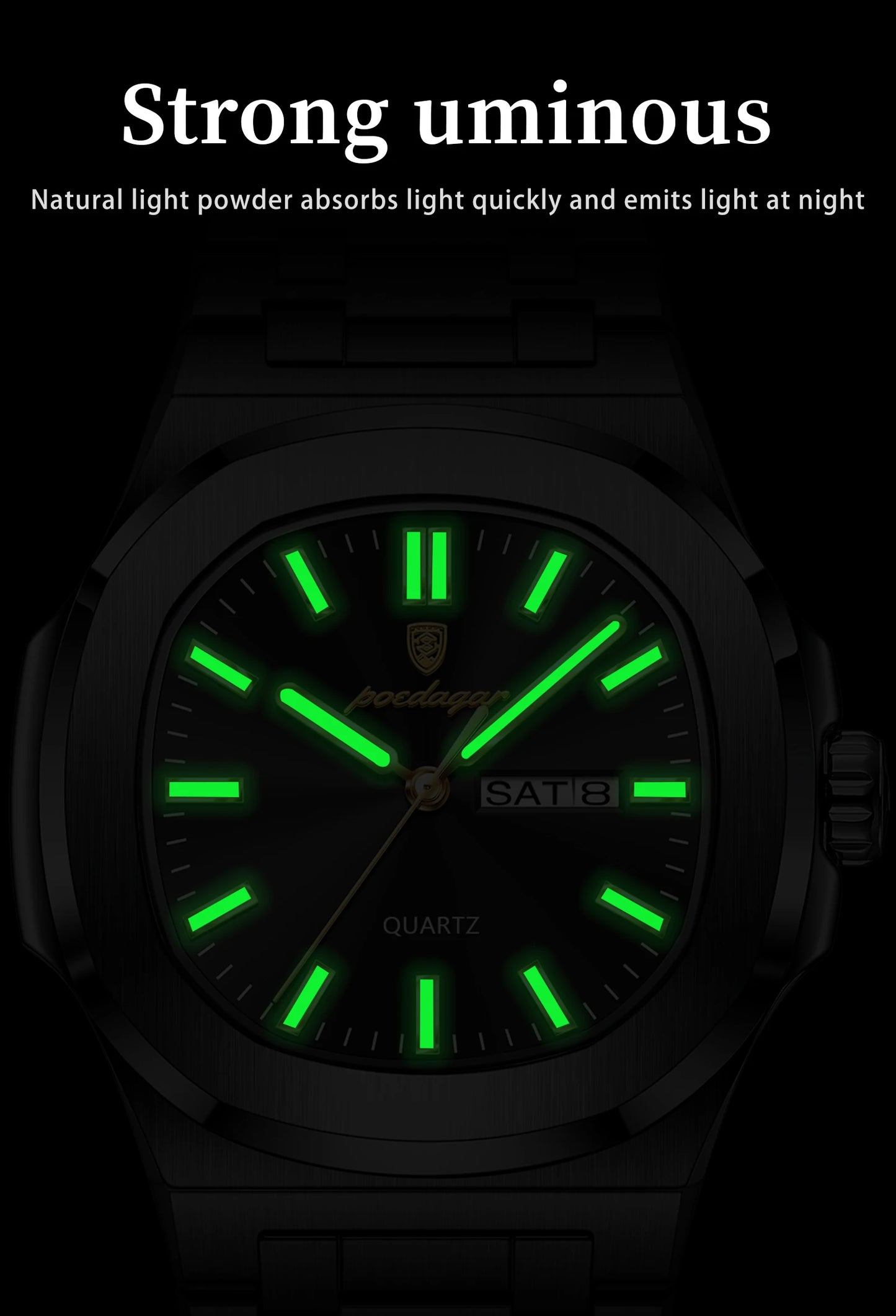 POEDAGAR Square Luxury Men's Wristwatch Luminous Waterproof Stainless Steel Male Clock Week Date Original Quartz Watches For Men