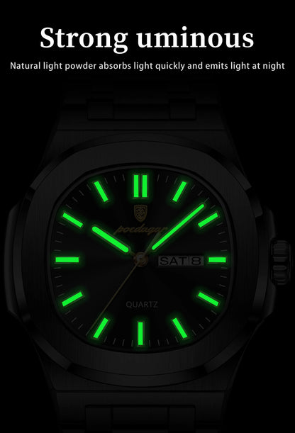 POEDAGAR Square Luxury Men's Wristwatch Luminous Waterproof Stainless Steel Male Clock Week Date Original Quartz Watches For Men