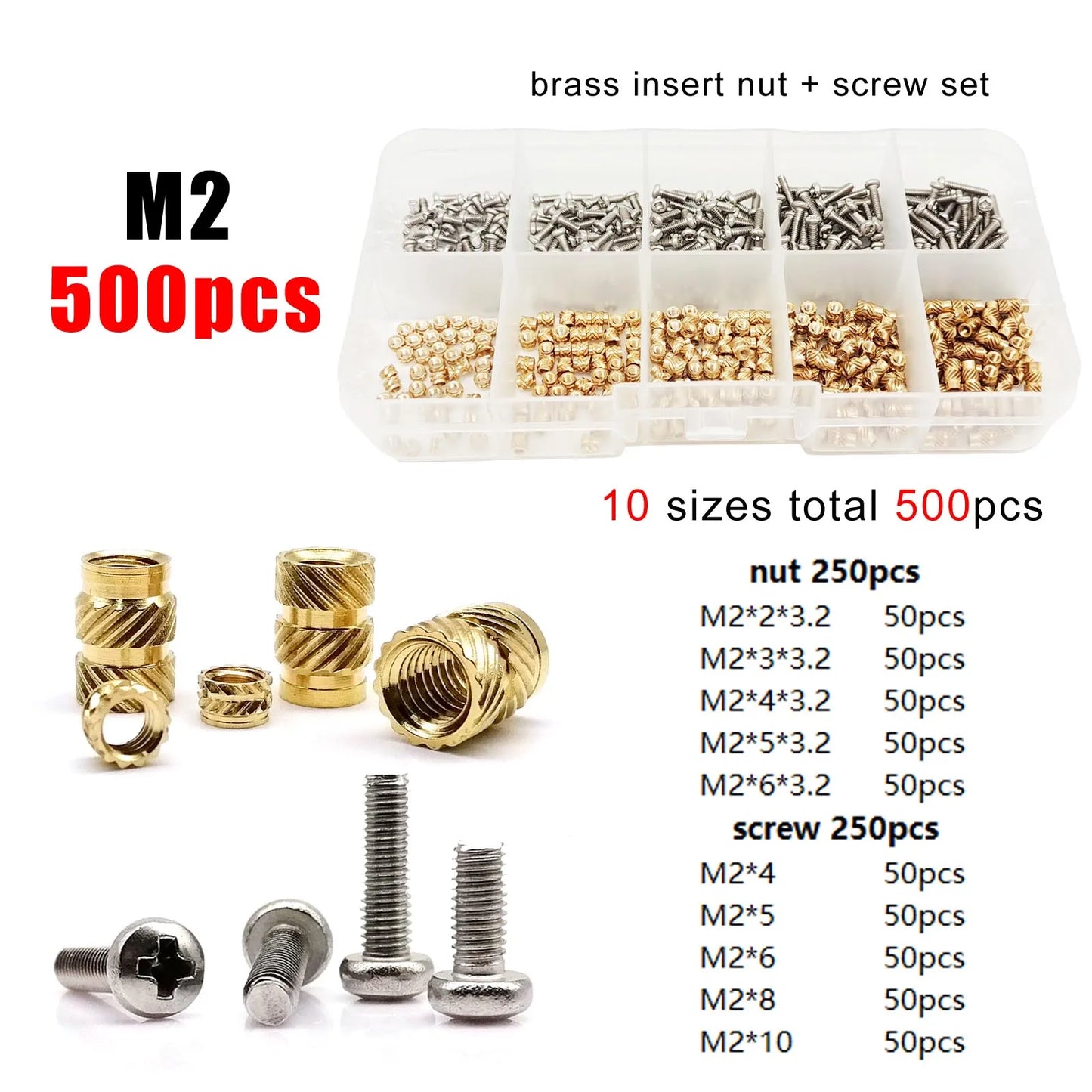 M1.4 M1.6 M2 M2.5 M3 M4 M5M6 Brass Copper Twill Knurled Thread Hot Heat Melt Injection 3D Print Embed Insert Nut Screw Kit Set