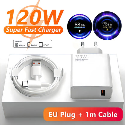 6A 120W EU Fast USB Wall Charger For Xiaomi 11 12 13 14 15 Ultra Redmi Note 11T 12 13 POCO F6 X5 Pro Type C Turbo Charging Cable