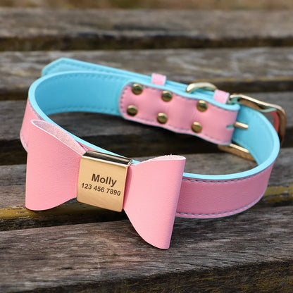 Custom PU Leather Dog Collar Soft Bowknot Pet Collars Engraved Name Puppy Cat Necklace Anti-lost for Small Medium Large Dogs Pug