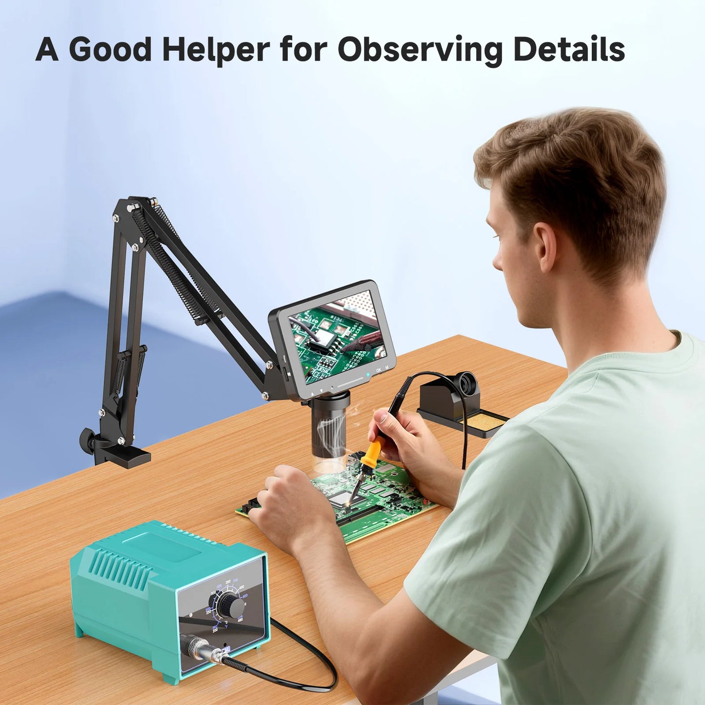 Flex Digital Microscope with 5inch IPS Screen Soldering Microscope with Flexible Arm 1000X Coin Microscope for PCB, Plants, Coin