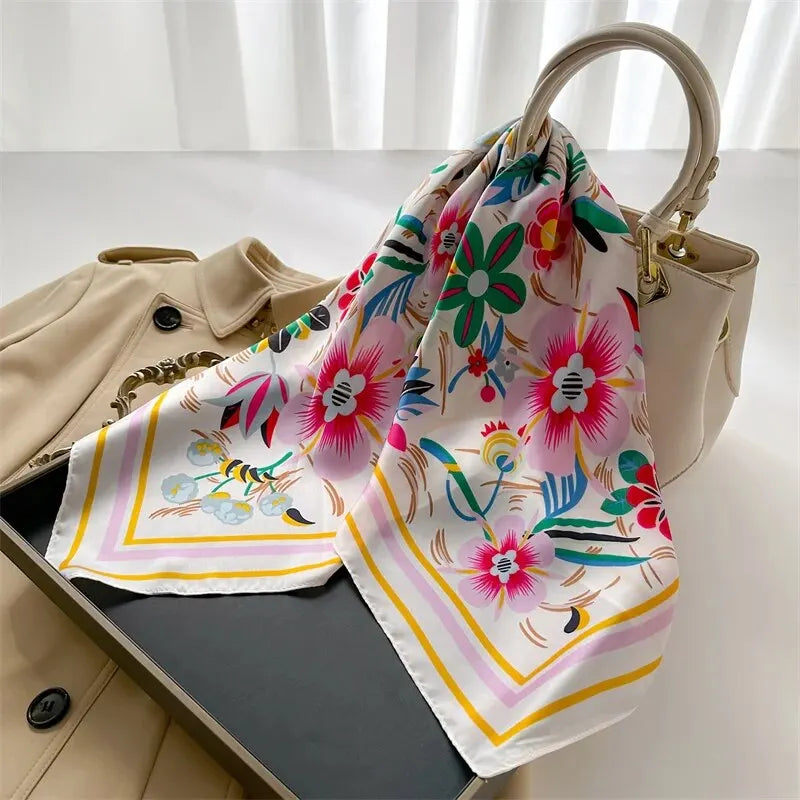 Luxury Print imitation Silk Square Scarf Women Spring Neck Tie Shawl Wraps Female Hair Hand Wrist Headkercheif Hijab Bandana