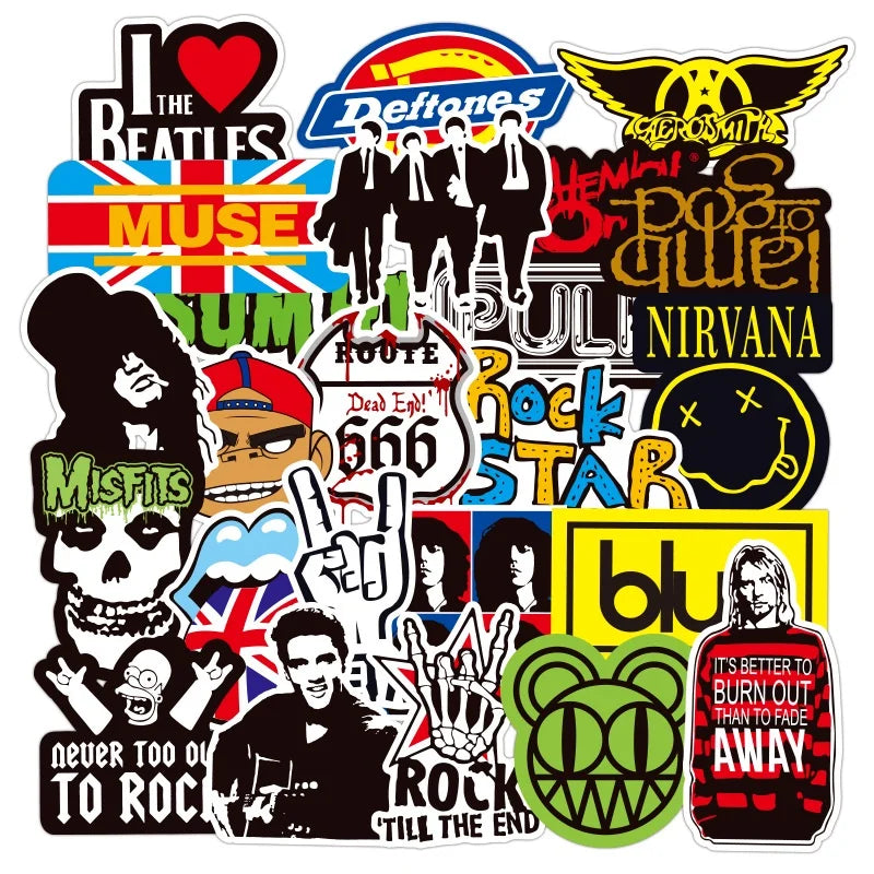 100 Rock And Roll Music Band Stickers Punk Graffiti Stickers For Laptop Guitar Helmet Luggage Decal Golden Memory Stickers Store