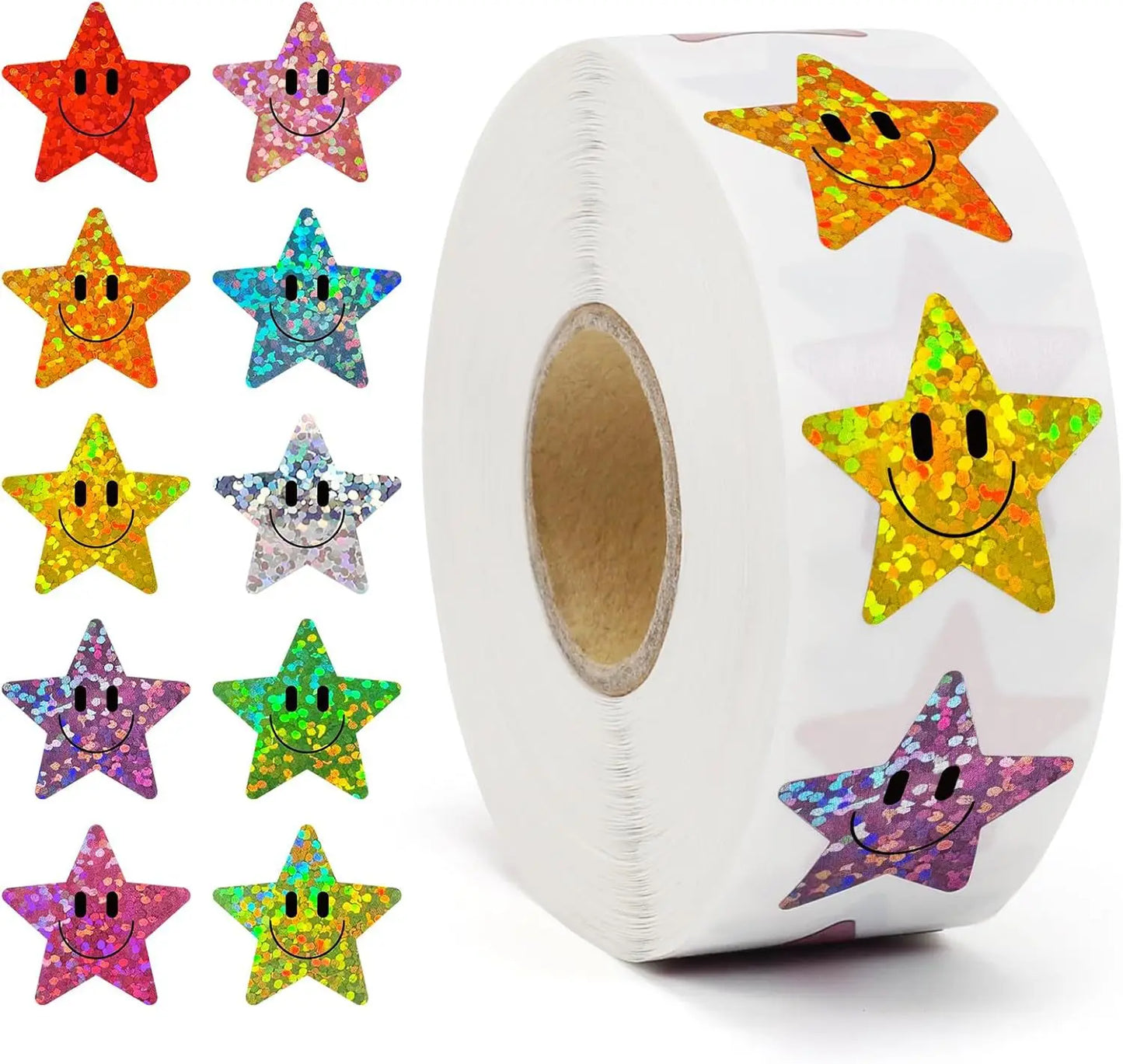 500 Pcs Smile Face Stickers Roll Laser Colorful Happy Face Sticker for Classroom Back to School Birthday Teacher Reward,1inch