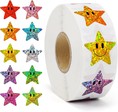 500 Pcs Smile Face Stickers Roll Laser Colorful Happy Face Sticker for Classroom Back to School Birthday Teacher Reward,1inch
