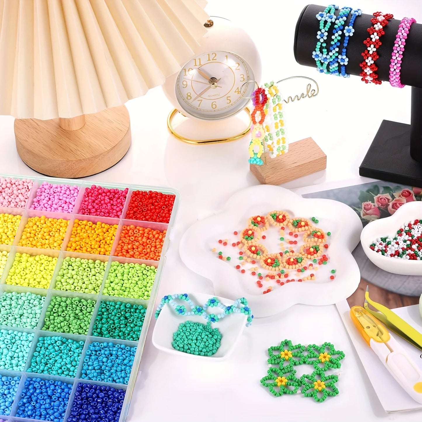 24 Grid 3mm Premium Glass Rice Beads Set 5200pcs Tiny Seed Beads Box Kit for Bracelet Necklaces Jewelry Making DIY Craft Beading