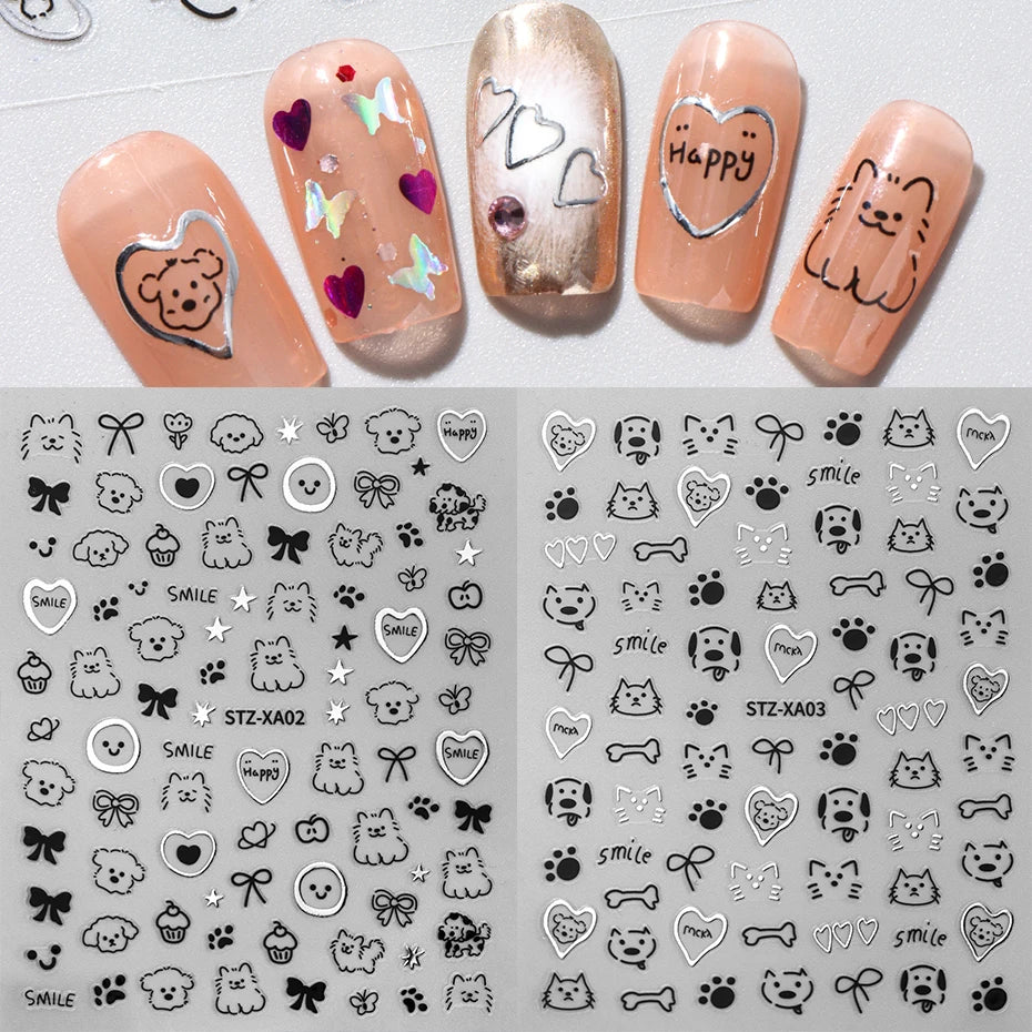 Black Silver Cat Animals Nail Sticker Decals Y2K Charms Cute Dog Cartoon Adhesive Sliders Foils For Manicure Nail Art Decoration