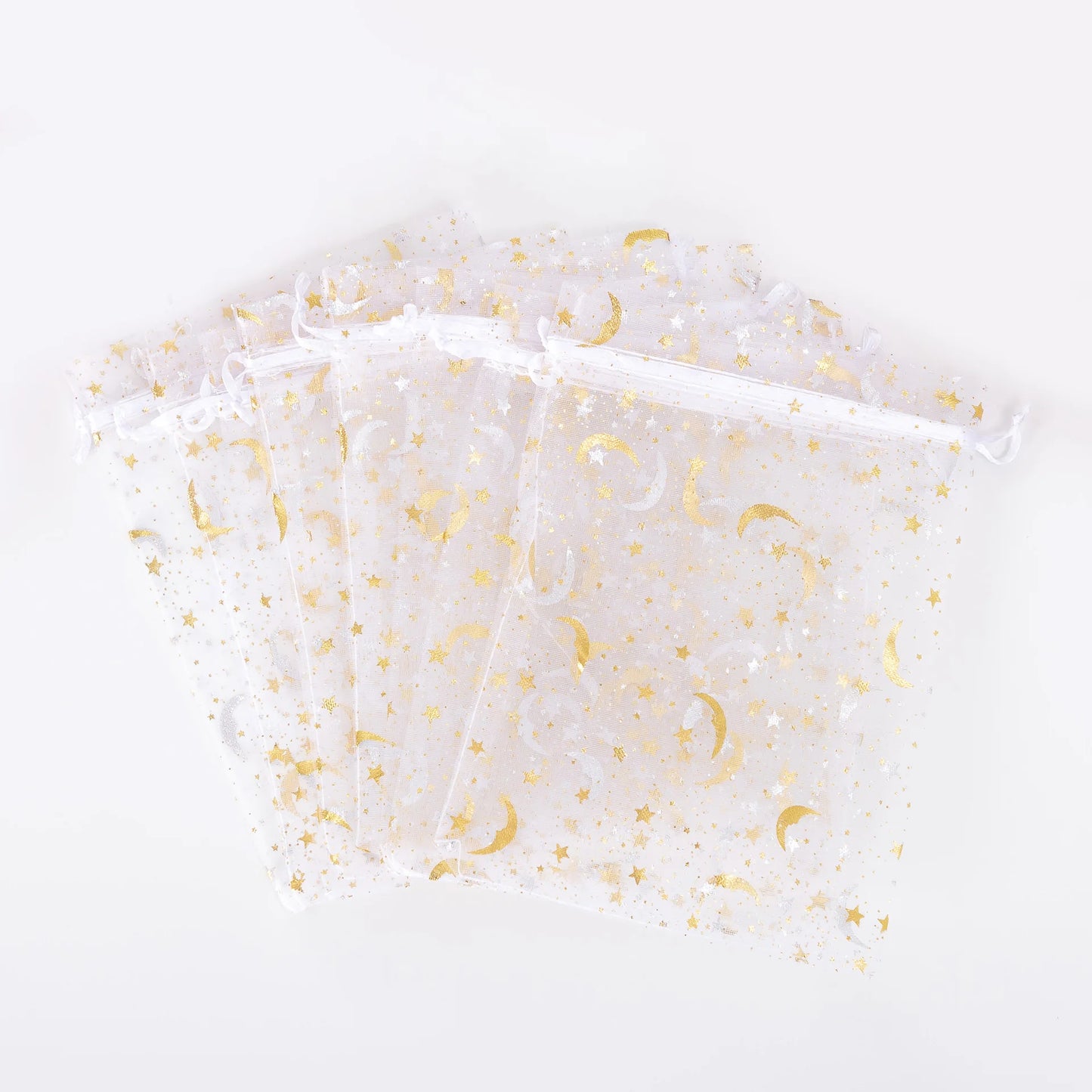 50PCS White Moon Stars Drawstring Organza Bags Jewelry Gift Bags Pouches Gold Star Organza Favor Pouches for Christmas Wedding