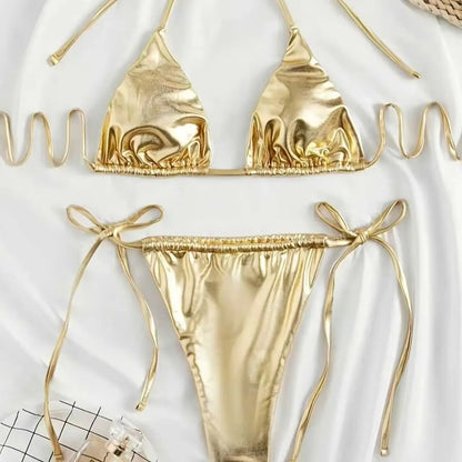 Women Bikini Set 2025 Summer Metallic Gold Shiny Halter Triangle Tie Side String Sexy Swimwear Female Beach Vacation Bathing Sui