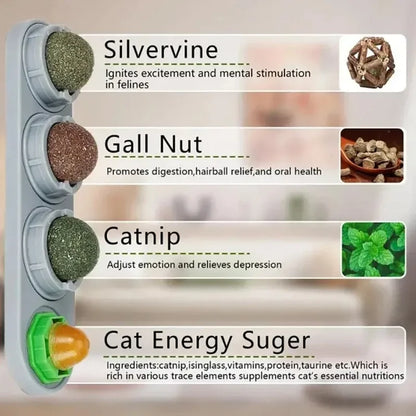 4 in 1 Rotating Catnip Silver Vine Ball Teeth Cleaning Acne Prevention Digestive Health Wall Stick on Toy Edible Safe Material