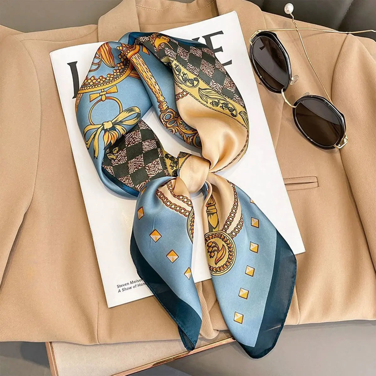 70x70cm Fashionable Korean Style Silk Square Scarf Satin Print Hairband Necktie Hair Accessory Headscarf Versatile Wrap Scarf