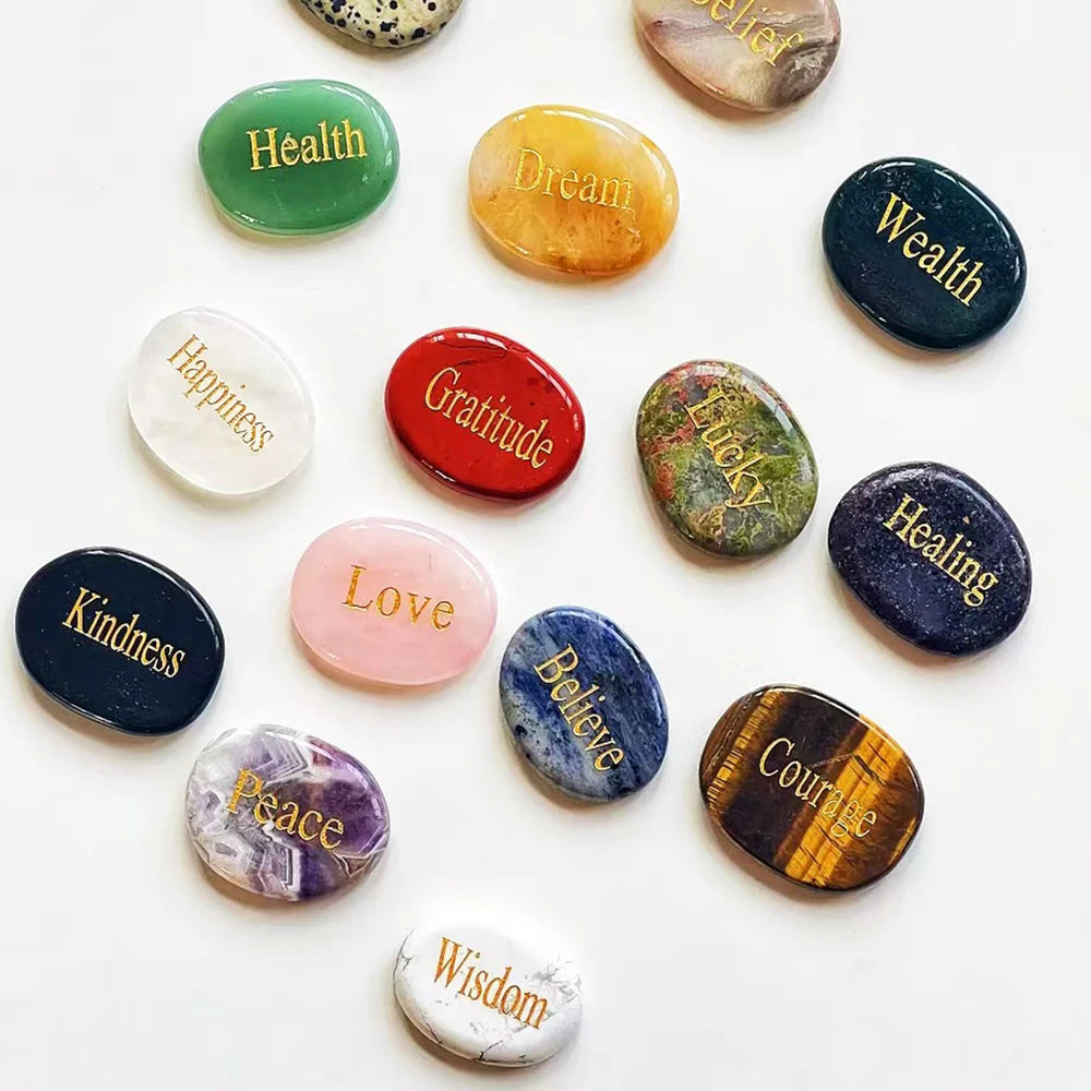 Crystal Worry Stone Double Plane Shaped Piece Inspirational Palm Stone, Engraved With Words To Relieve Worries Jade Energy Stone