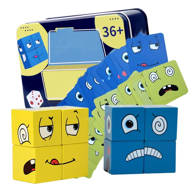 Cube Face Change Building Blocks Board Game Wood Puzzle Montessori Expression Wooden Blocks Blocos For Children Kids Toys Gift