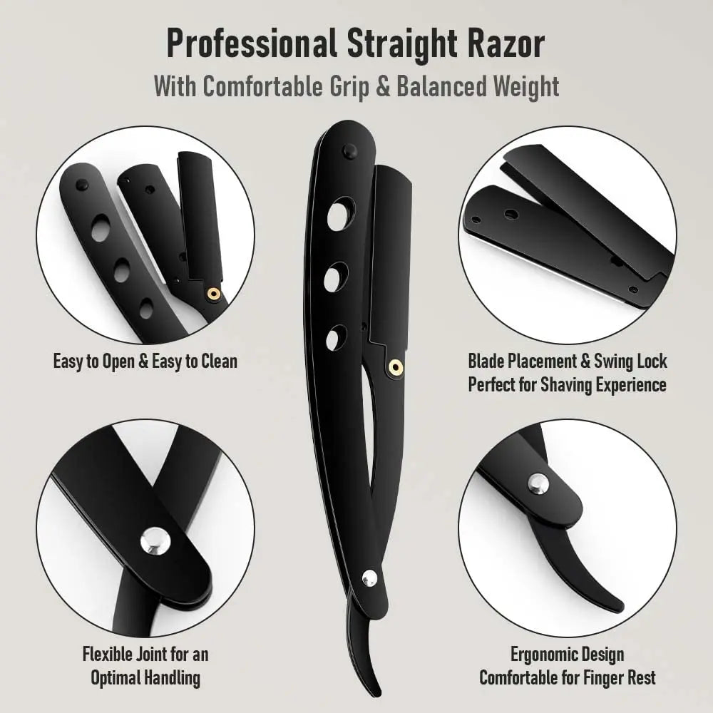 Men Shaving Barber Razor Black Classic Folding Shaving Knife Armpit Hair Pubic Hair Shaver Stainless Steel Straight Razor Holder
