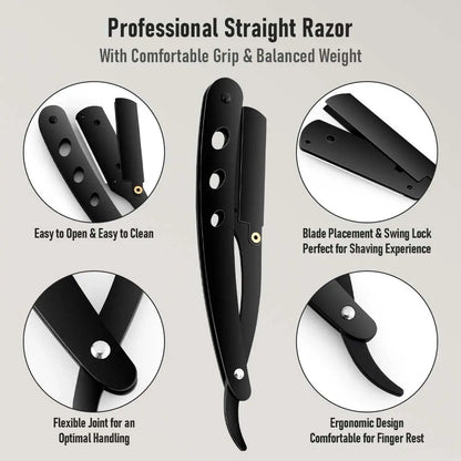 Men Shaving Barber Razor Black Classic Folding Shaving Knife Armpit Hair Pubic Hair Shaver Stainless Steel Straight Razor Holder