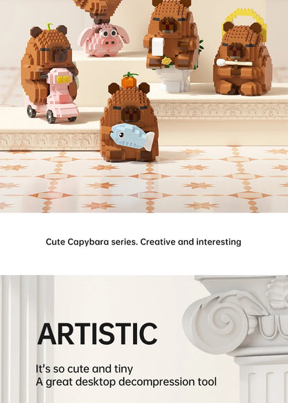 "Cute Capybara Block Figure - Desktop Decor Model with Orange Accessory | Meme Lover's Collectible"